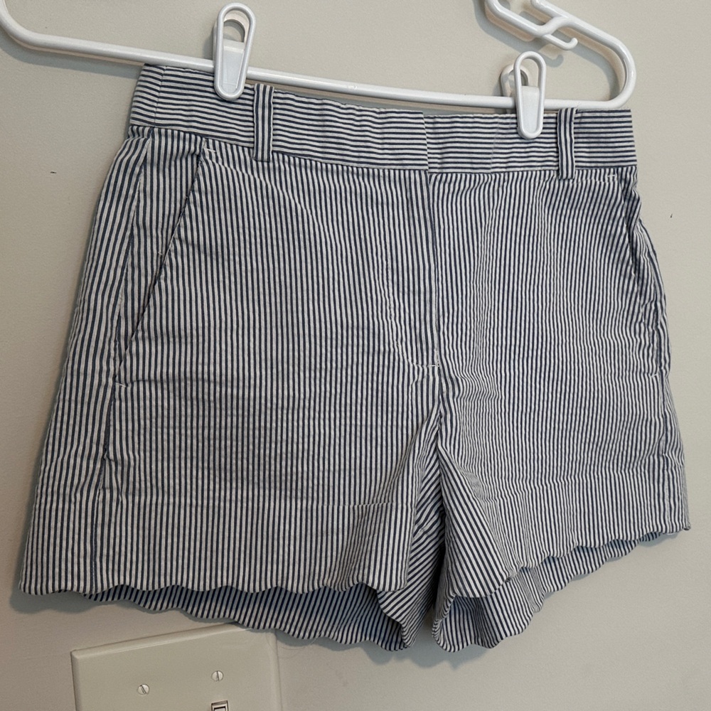 J. Crew Navy and White Seersucker Striped Scallop Hem Shorts